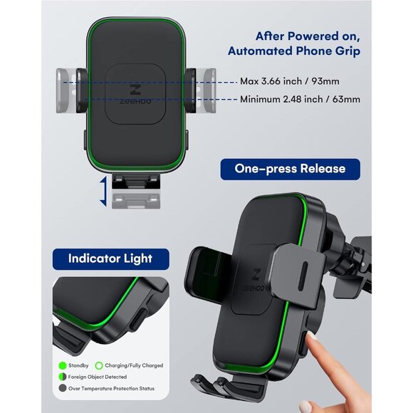 Dual-Coil Wireless Car Charger 15W universal Fast Charging Auto-Clamping Vent - Picture 6 of 9